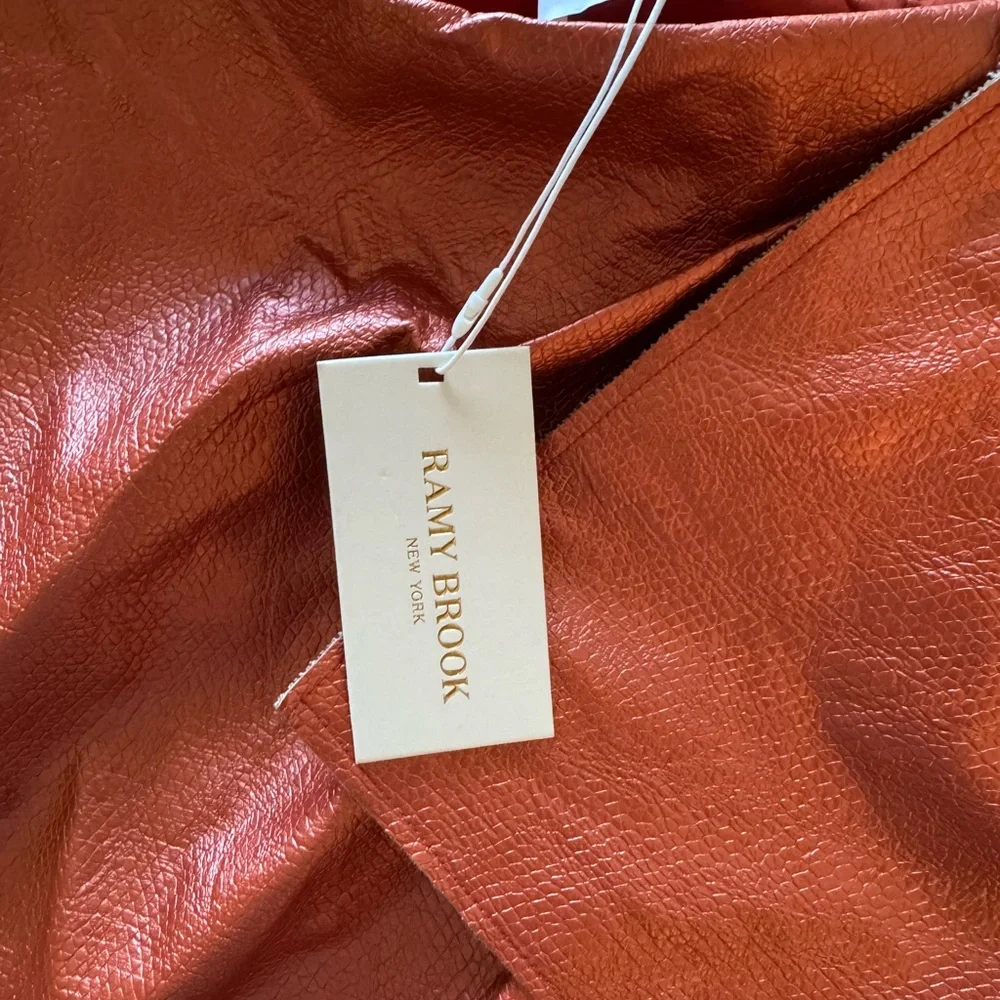 Ramy Brook Asymmetrical ruffle midi bronze orange Copper faux leather Skirt NWT
